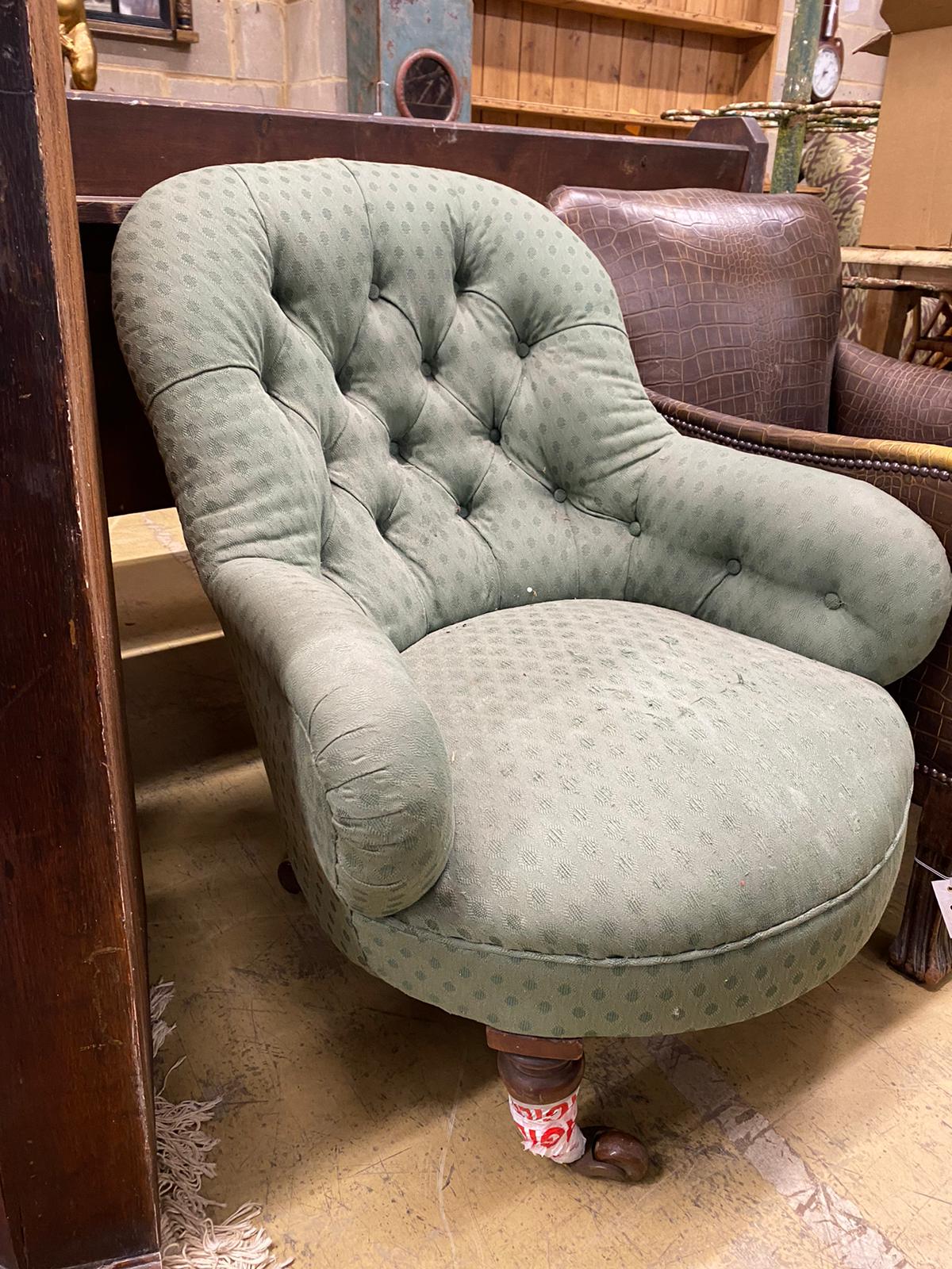 A faux crocodile club chair together with a Victorian spoonback chair